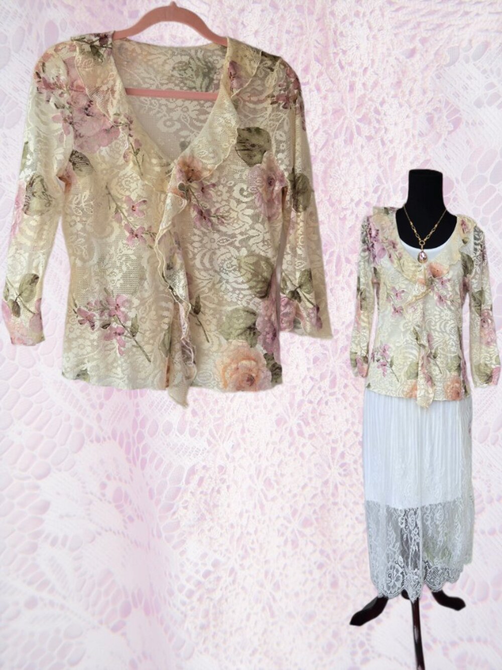 Ethereal Lace Vintage Y2k Lace and Rose Print Sheer Ruffled Top Cottagecore